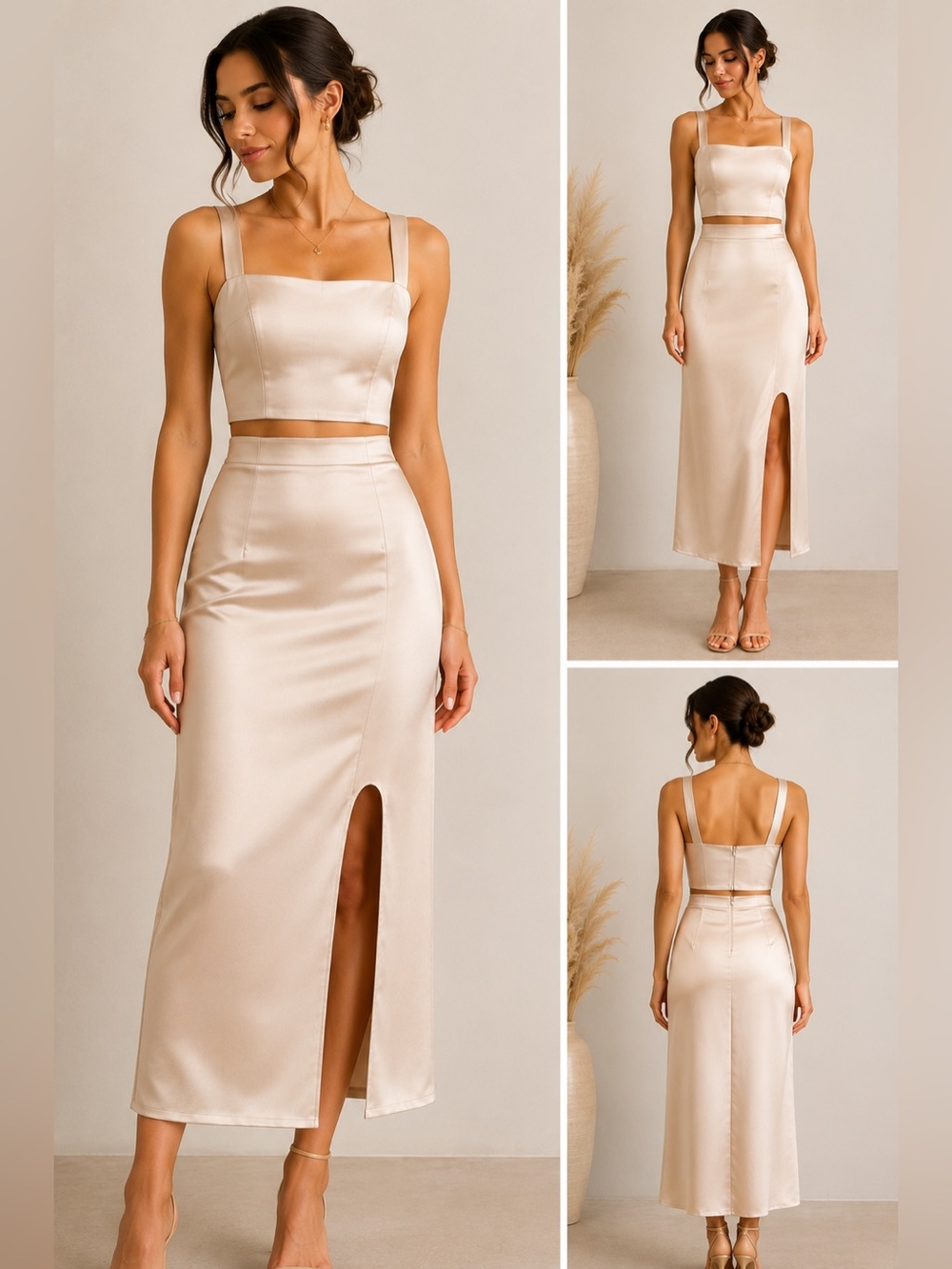 NWT! Lulus Champagne Crop Top Satin Skirt Set